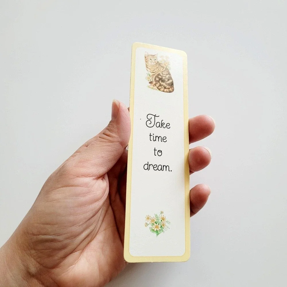 Vintage Tabby Cat paperboard Bookmark butterfly flowers Take Time Dream 80s/90s